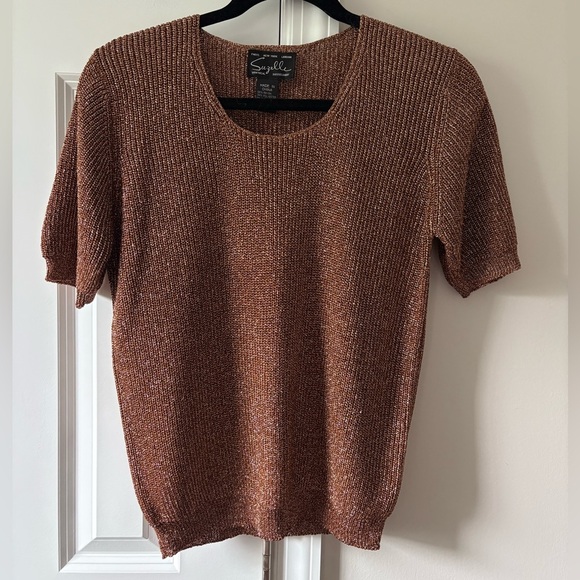 Suzelle Vintage Metallic Bronze Knit Short Sleeve Top - Picture 3 of 9